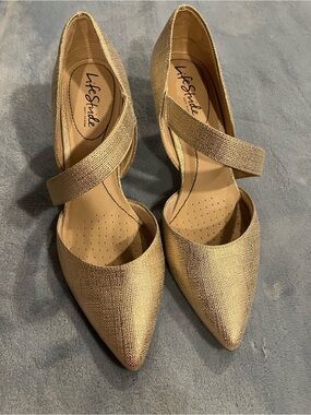Life Stride Metallic Gold Pointed-Toe Mary Jane Heels
